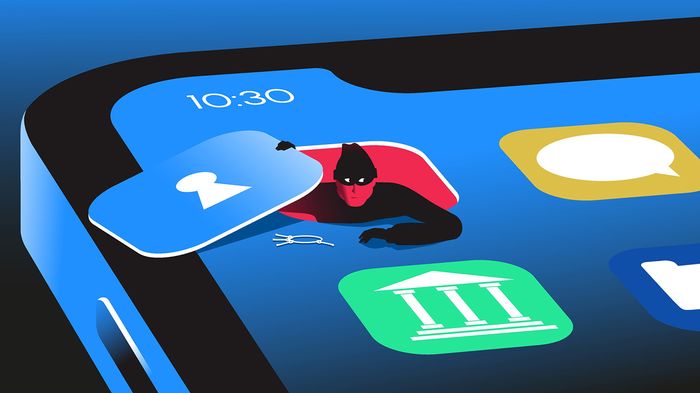 Drawing off an iPhone with hacker hiding under an app as if they were removing a manhole cover.