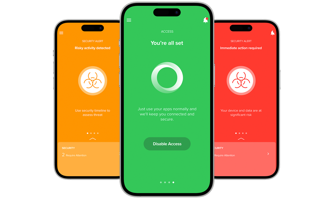 Jamf Trust screens on three iPhones.